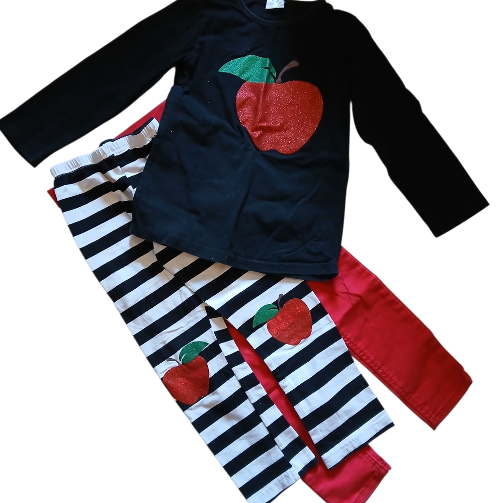 Black Apple Shirt and Striped Leggings Set